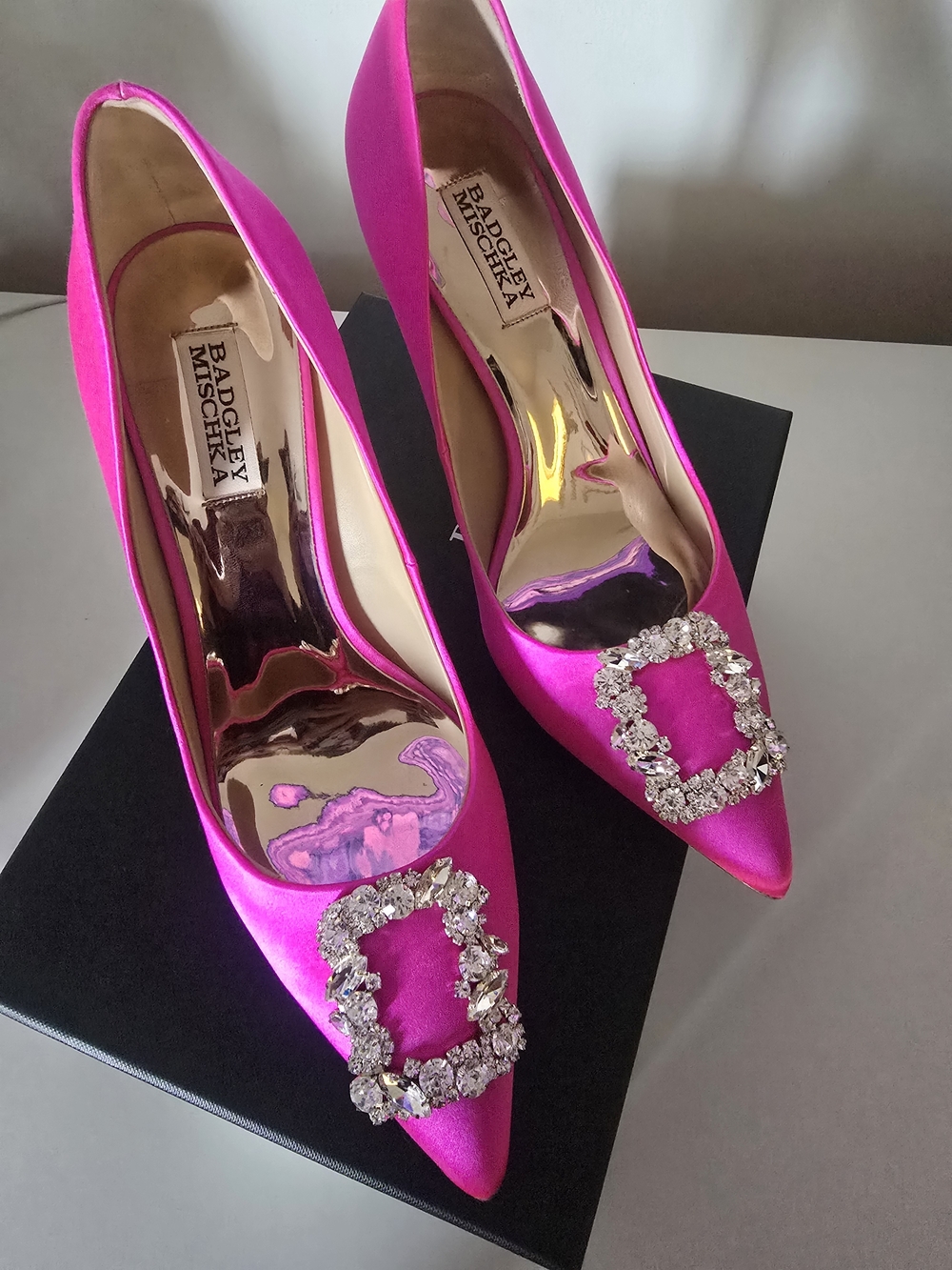 Badgley Mischka Hot Pink Satin Crystal-Embellished Pointed Pumps